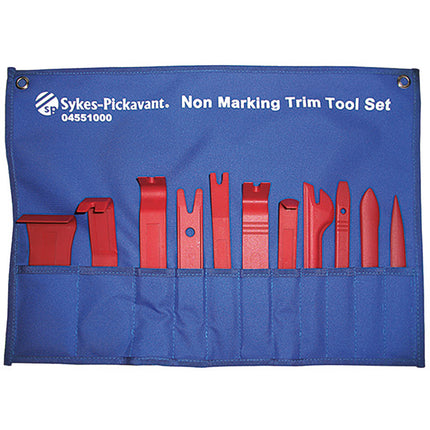 a set of 11 non marking trim tools of various shapes and sizes stored in a blue tool roll