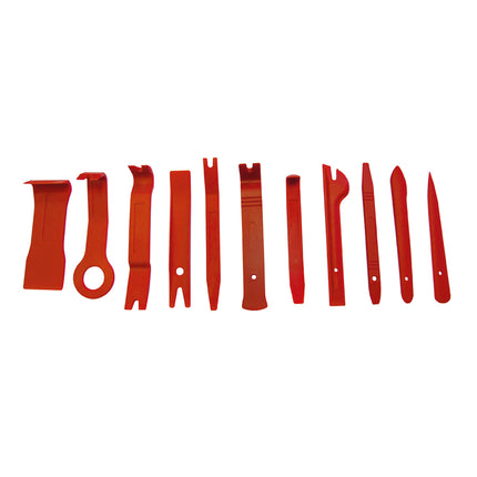 A set of red non-marking trim tools of various shapes and sizes.