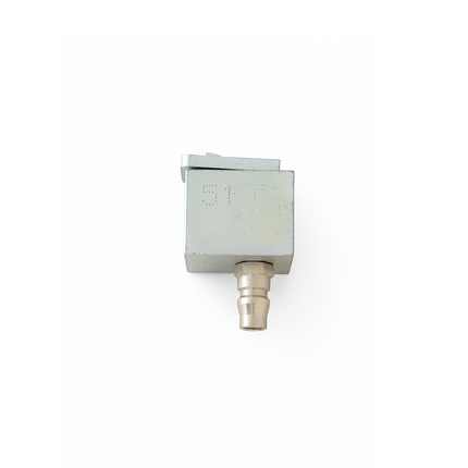 Square metal component with threaded fitting on a white background