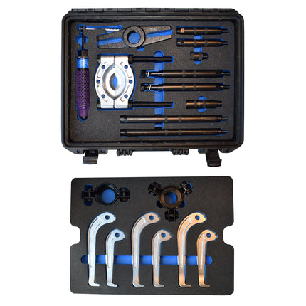 ariel view of hydraulic puller kit, components laid out in foam and a tool case