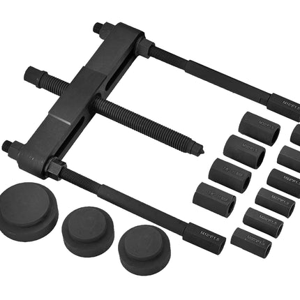 A black metal HGV hub puller kit with 3 pressure pads, and 6 sets of adaptors