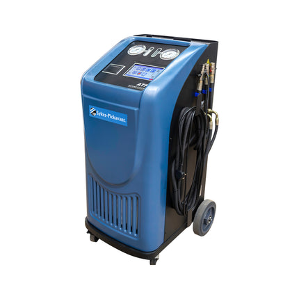 Blue automatic transmission flush machine with digital display on a white background