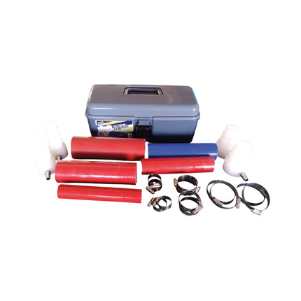 Set of red and blue pipes with connectors and a toolbox on a white background