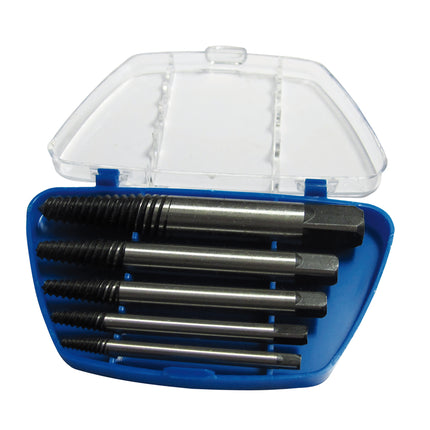 A set of five silver-colored screw extractors with a spiral design, contained in a blue plastic case with a clear lid.