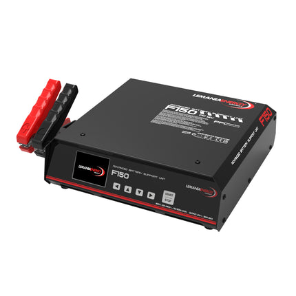 black battery support unit with red and black cable clamps